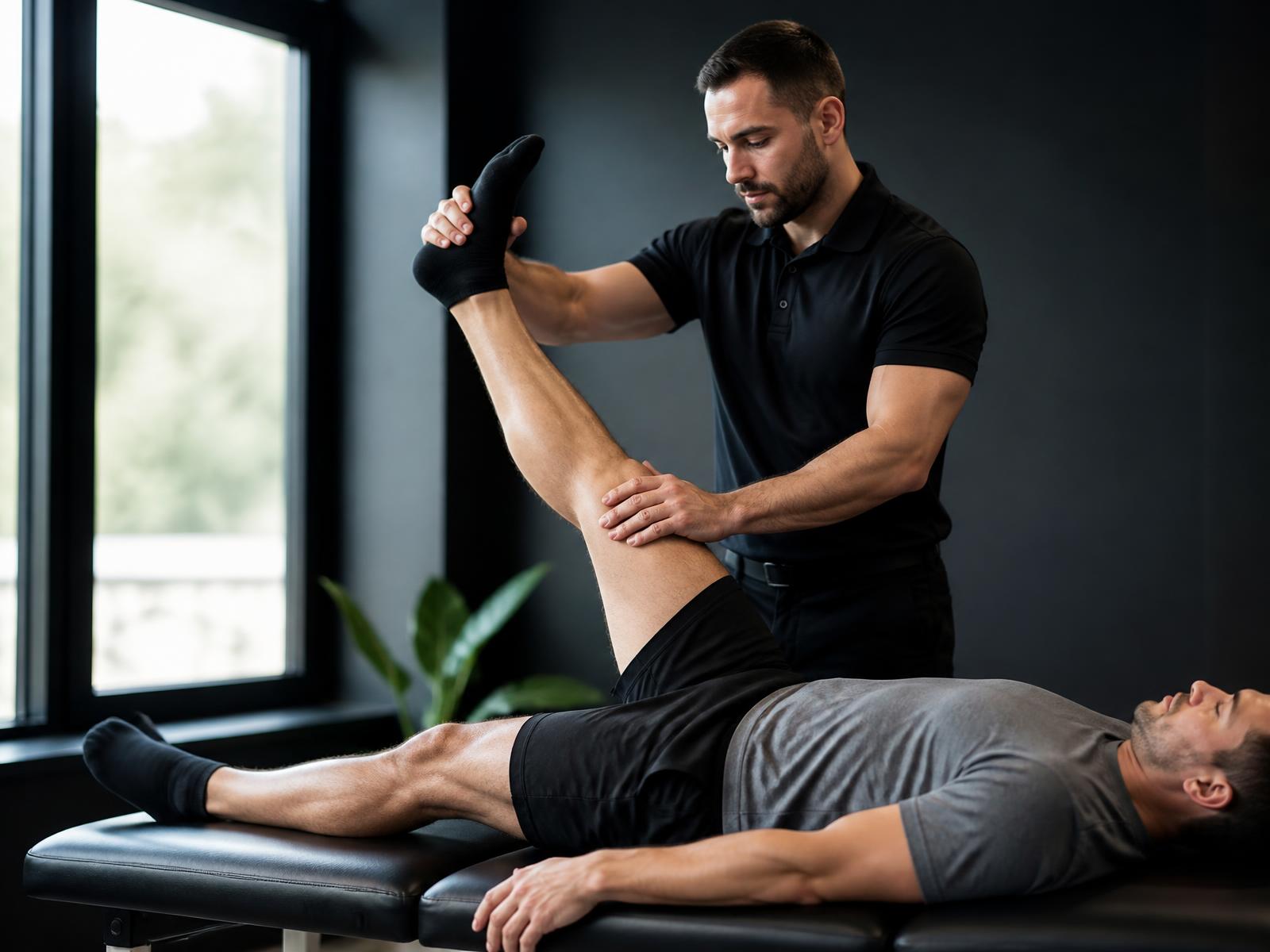 A Stretchologist guiding a client through an assisted hamstring stretch